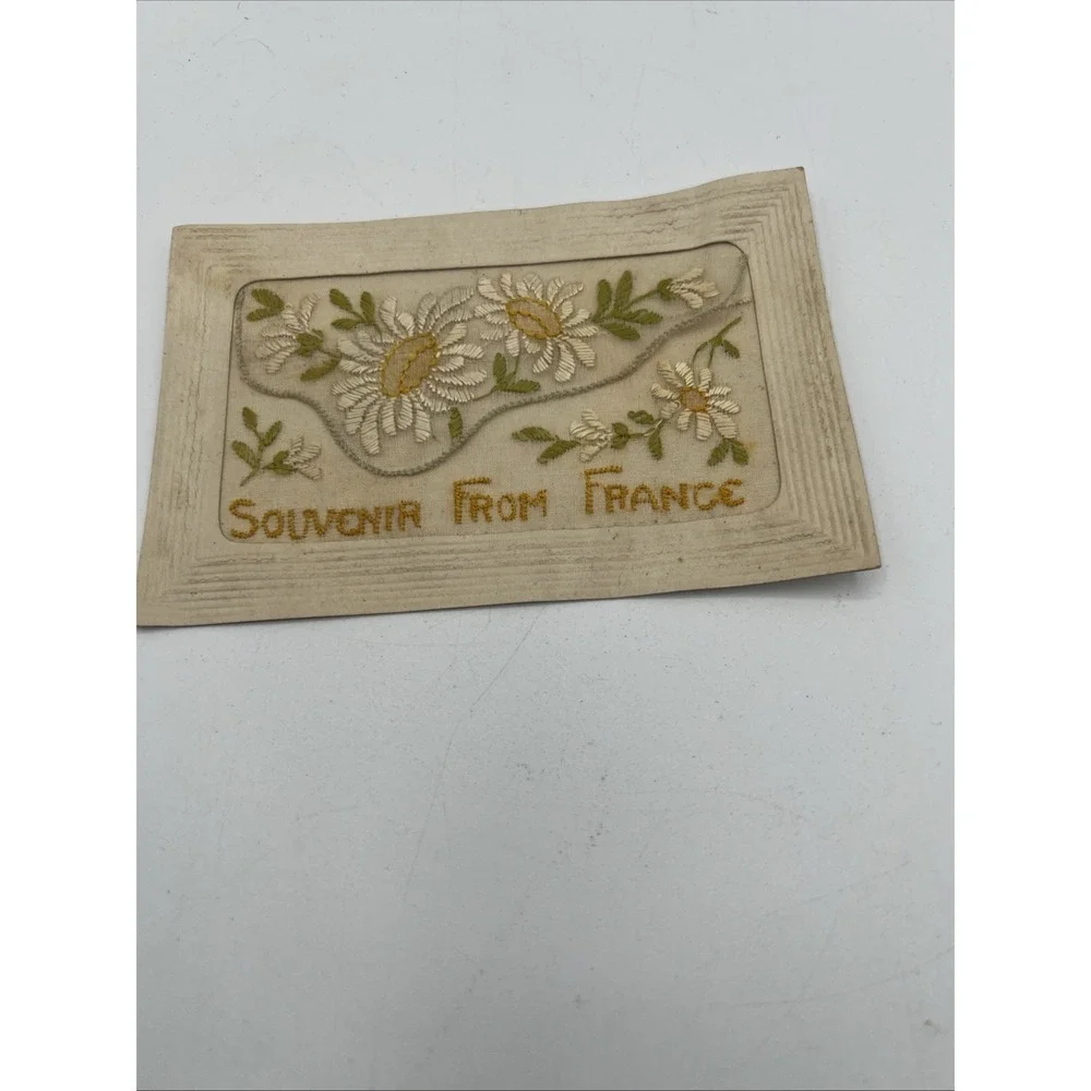 VTG White Yellow Flowers Embroidered Postcard 1918 Souvenir From France Ephemera